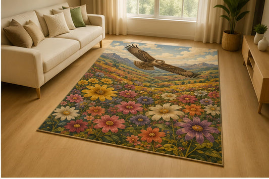 ICE ARMOR 5' x 7' Soaring Hawk Wildflower Meadow Area Rug for Living Room, Soft Low Pile Indoor Rug with Non-Slip Silicone Backing, Nature Bird Decor for Bedroom, Office, Family Room, Multicolor