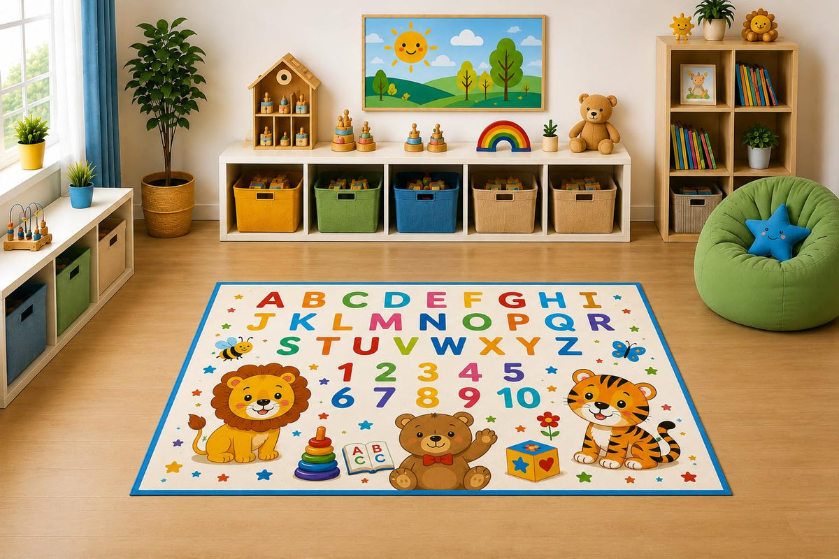 ICE ARMOR 5' x 7' Educational Alphabet Numbers Animal Area Rug for Kids Playroom Classroom Nursery Bedroom, ABC Learning Cartoon Carpet, Non-Slip Silicone Backing Low Pile