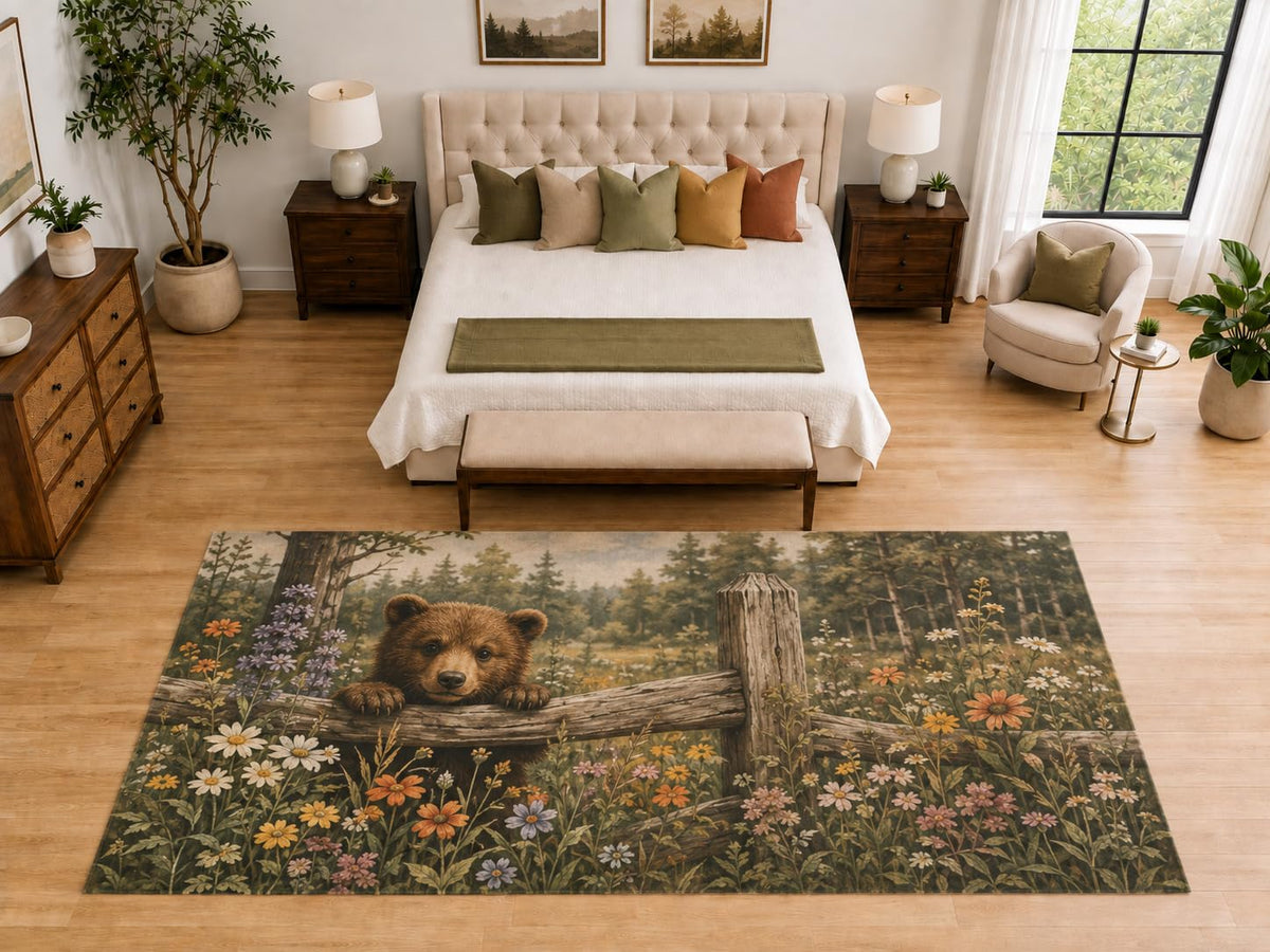 ICE ARMOR "Ultra Light Weight Large 6'7" x 9'10" Bear Fence Floral Area Rug, Soft Low Pile Indoor Rug, Non-Slip Silicone Backing, Kids Room, Brown