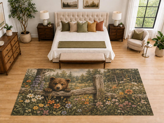 ICE ARMOR "Ultra Light Weight Large 6'7" x 9'10" Bear Fence Floral Area Rug, Soft Low Pile Indoor Rug, Non-Slip Silicone Backing, Kids Room, Brown