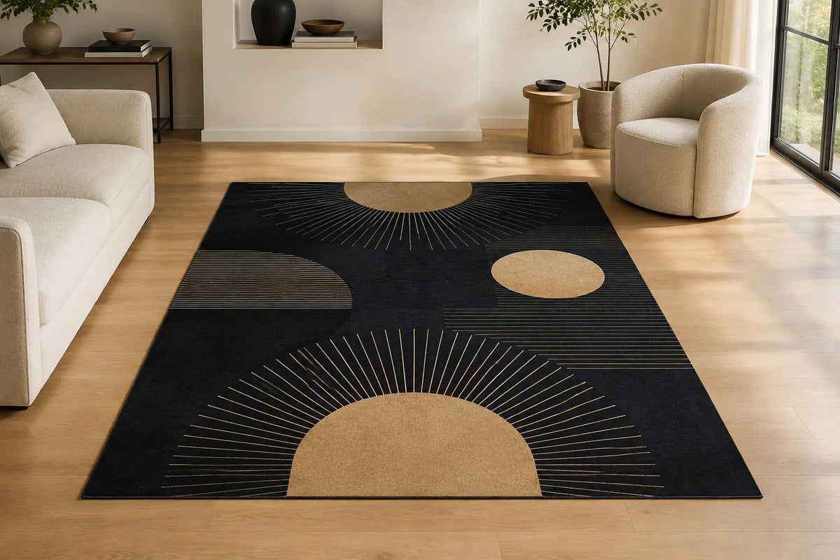 ICE ARMOR "Ultra Light Weight Large 6'7" x 9'10" Modern Celestial Sun Area Rug, Soft Low Pile Indoor Rug with Non-Slip Silicone Backing for Living Room, Black Beige