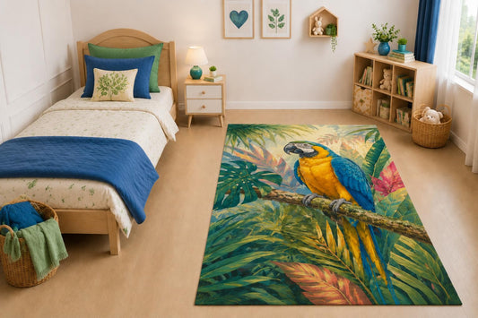 ICE ARMOR "Ultra Light Weight 5' x 7' Tropical Blue Macaw Area Rug for Living Room, Bedroom and Home Office, Soft Low Pile Carpet with Non-Slip Silicone Backing, Blue and Yellow