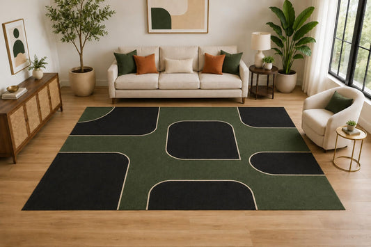 ICE ARMOR Large 6'7" x 9'10" Abstract Rounded Block Area Rug for for Bedroom, Living Room, Soft Low Pile Indoor Rug with Non-Slip Silicone Backing, Olive Black