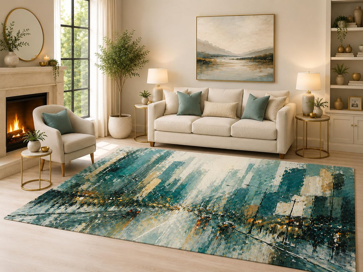 ICE ARMOR 6'7" x 9'10" Teal City Lights Area Rug for Living Room, Soft Low Pile Indoor Rug with Non-Slip Silicone Backing, Decorative Carpet for Bedroom, Dining Room and Office, Teal