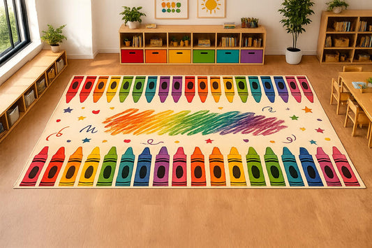 ICE ARMOR Large 6'7" x 9'10" Rainbow Crayon Art Area Rug, Soft Low Pile Indoor Rug with Non-Slip Silicone Backing for Kids Room, Playroom, Ivory