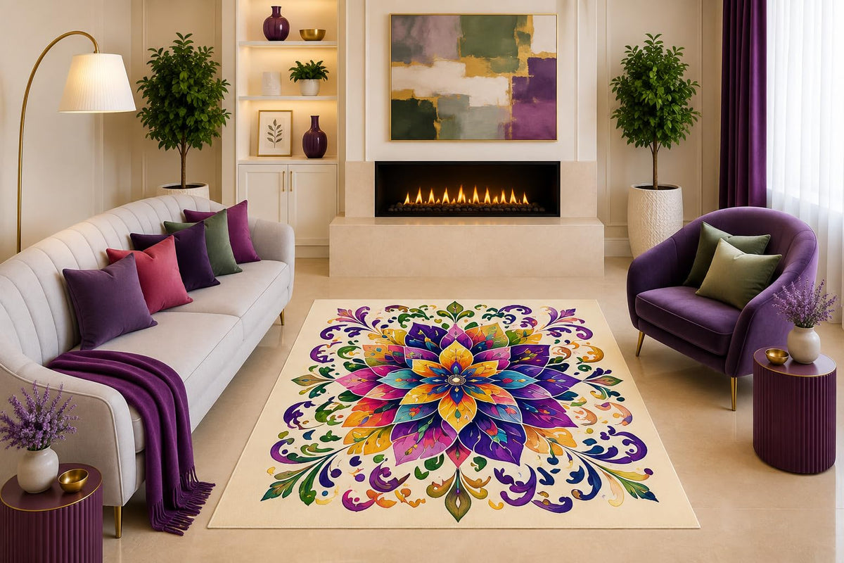 ICE ARMOR "Ultra Light Weight 5' x 7' Purple Multicolor Floral Mandala Area Rug Boho Ornamental Medallion Living Room Bedroom Dining Room Non-Slip Silicone Backing Low Pile