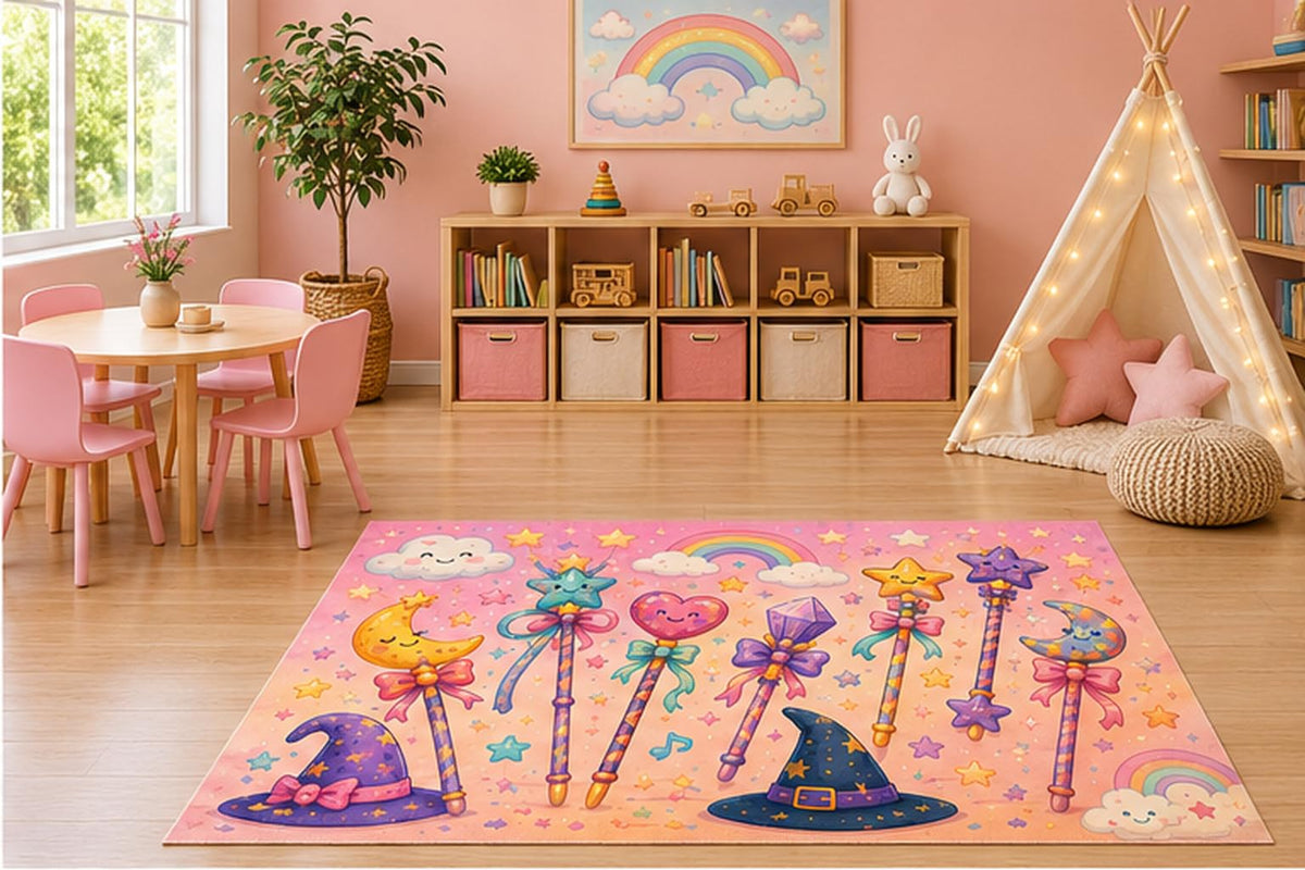 ICE ARMOR 5' x 7' Pastel Magic Wand Fantasy Kids Area Rug, Cute Rainbow Moon Stars Wizard Cartoon Playroom Nursery Bedroom Decor, Non-Slip Silicone Backing Low Pile