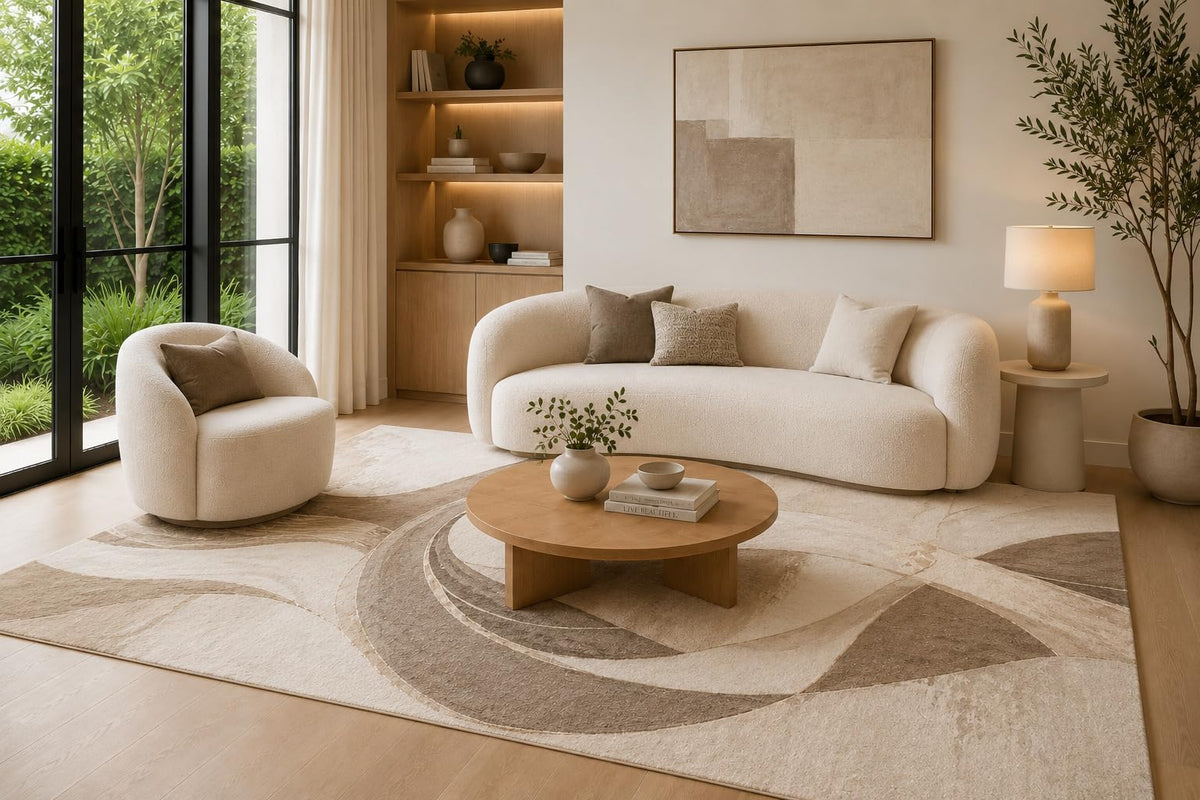 ICE ARMOR 6'7" x 9'10" Charcoal, Beige and Cream Curved Stone Forms Area Rug for Living Room, Soft Low Pile Carpet with Non-Slip Backing for Bedroom, Dining Room and Office