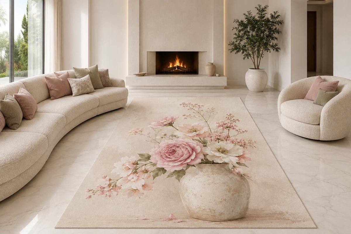 ICE ARMOR "Ultra Lightweight Large 6'7" x 9'10" Rose Vase Bouquet Area Rug for Living Room, Bedroom and Home Office, Soft Low Pile Carpet with Non-Slip Silicone Backing, Blush and Ivory