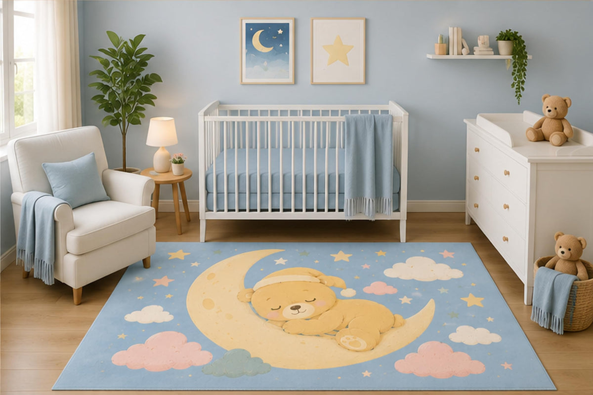 ICE ARMOR 5' x 7' Sleeping Teddy Bear Moon Area Rug for Nursery Room, Cute Pastel Clouds and Stars Baby Boy Bedroom Decor, Non-Slip Silicone Backing Low Pile