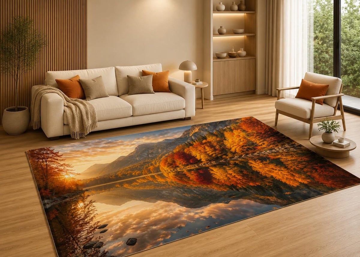 ICE ARMOR 5' x 7' Autumn Lake Reflection Area Rug with Non-Slip Silicone Backing Low Pile Soft Carpet for Living Room Bedroom Scenic Nature Decor