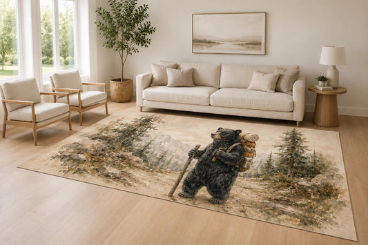 ICE ARMOR Large 6'7" x 9'10" Beige and Brown Hiking Bear Accent Area Rug for Living Room, Soft Low Pile Carpet with Non-Slip Silicone Backing, Decor for Bedroom and Home Office