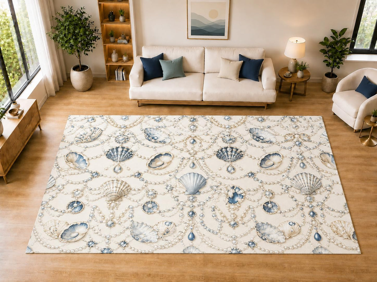 ICE ARMOR "Ultra Light Weight Large 6'7" x 9'10" Pearl Shell Jewelry Area Rug for Dining, Living Room, Bedroom, Soft Low Pile Indoor Rug with Non-Slip Silicone Backing, Blue Ivory