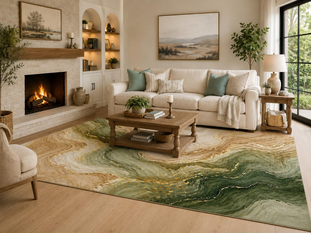 ICE ARMOR 6'7" x 9'10" Sage Green, Cream and Beige Sage Marble Currents Area Rug for Living Room, Soft Low Pile with Non-Slip Backing, Bedroom, Dining Area and Office Decor