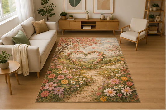 ICE ARMOR 5' x 7' Romantic Heart Garden Path Area Rug for Living Room, Soft Low Pile Indoor Rug with Non-Slip Silicone Backing, Decorative Carpet for Bedroom, Family Room, Office, Cream Multicolor