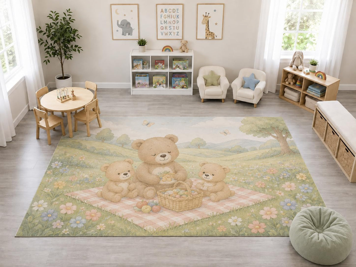 ICE ARMOR "Ultra Light Weight Large 6'7" x 9'10" Teddy Bear Picnic Rug, Soft Low Pile Indoor Rug, Non-Slip Silicone Backing Nursery Kids Pets Green