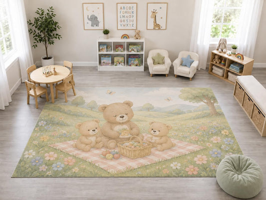 ICE ARMOR "Ultra Light Weight Large 6'7" x 9'10" Teddy Bear Picnic Rug, Soft Low Pile Indoor Rug, Non-Slip Silicone Backing Nursery Kids Pets Green