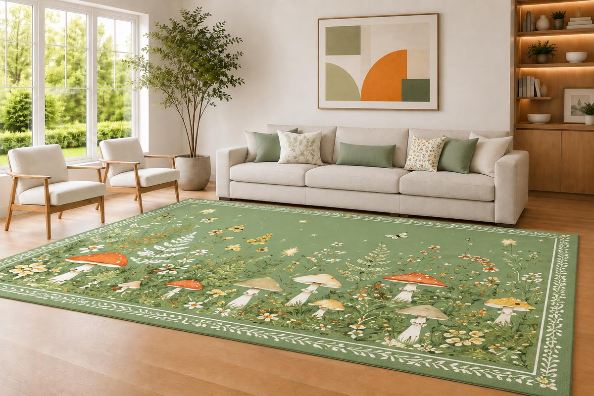 ICE ARMOR Large 6'7" x 9'10" Sage Green and Cream Mushroom Meadow Area Rug for Living Room, Soft Low Pile Carpet with Non-Slip Silicone Backing, Decor for Bedroom and Home Office