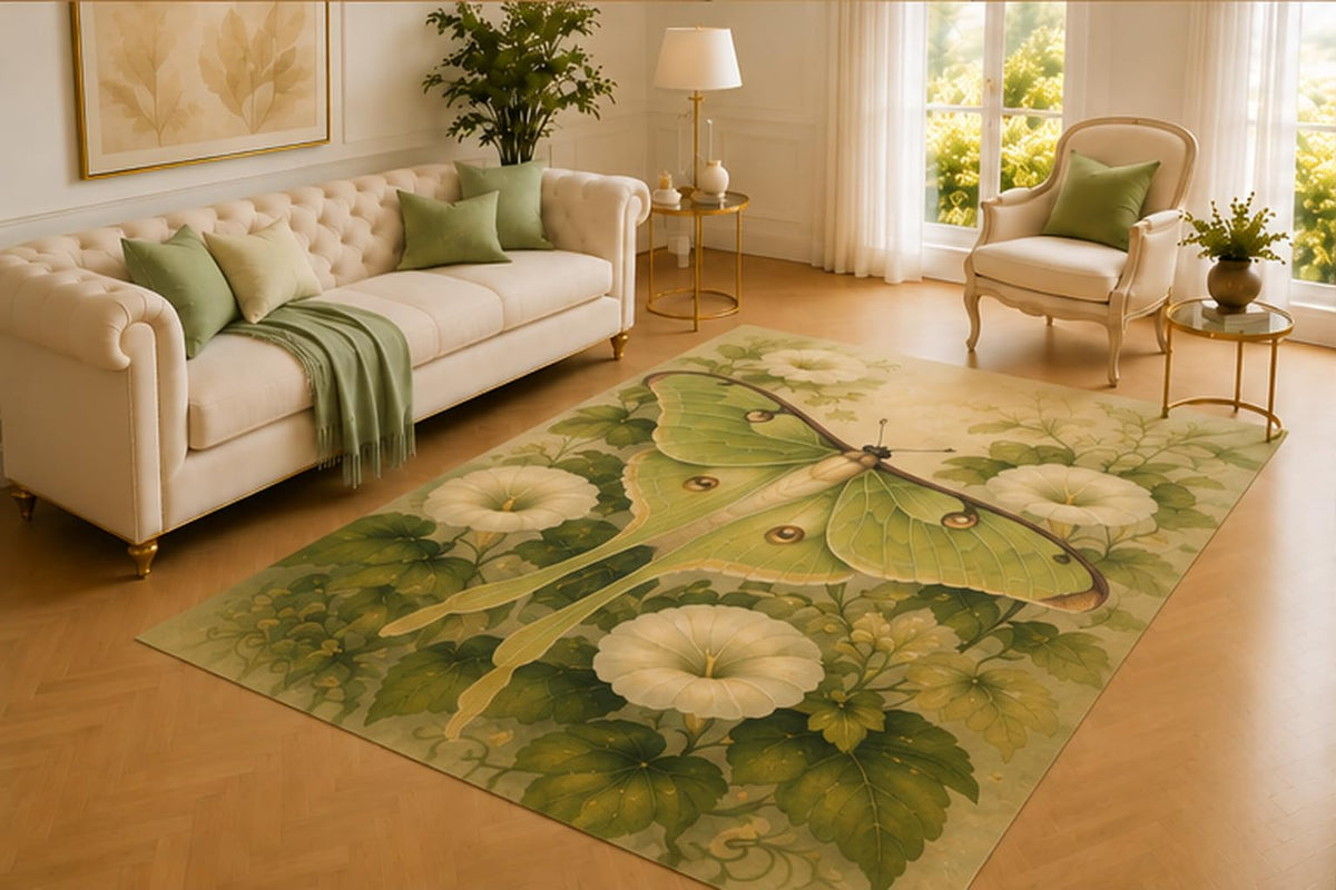 ICE ARMOR 5' x 7' Luna Moth Rug, Green Winged Insect Among White Blooms and Garden Leaves, Soft Floor Cover for Living Room, Bedroom, Nursery and Nature Decor