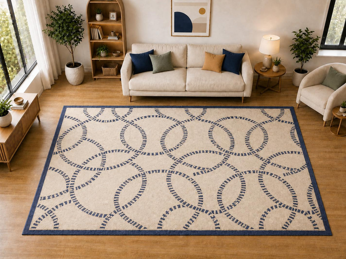 ICE ARMOR "Ultra Light Weight Large 6'7 x 9'10 Navy Interlocking Loop Pattern Area Rug for Living Room Bedroom Dining Room Soft Low Pile Indoor Carpet Modern Geometric Floor Decor