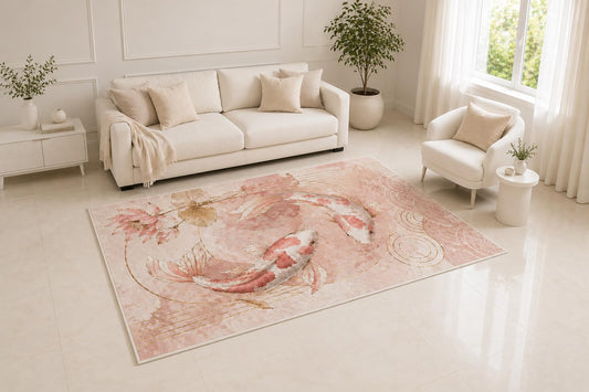 ICE ARMOR 5' x 7' Koi Fish Area Rug, Japanese Zen Watercolor Floral Pond Design for Living Room Bedroom Office Decor, Non-Slip Silicone Backing Low Pile Indoor Carpet