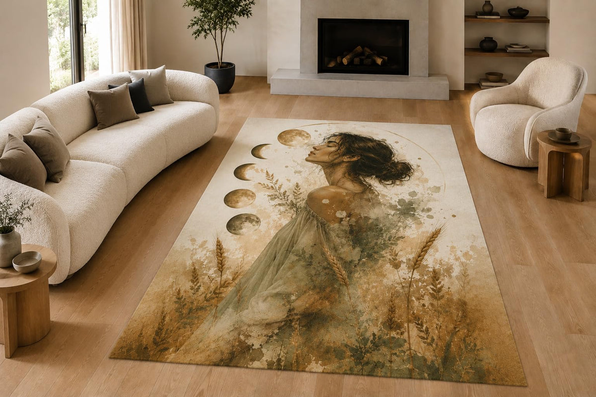 ICE ARMOR "Ultra Lightweight Large 6'7" x 9'10" Prairie Woman Area Rug for Living Room, Bedroom and Home Office, Soft Low Pile Carpet with Non-Slip Silicone Backing, Beige and Olive