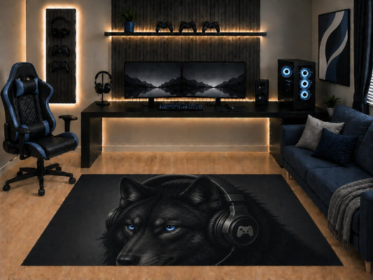 ICE ARMOR "Ultra Light Weight 5' x 7' Black Wolf Blue Eyes Headphones Area Rug Realistic Gamer Portrait Art for Gaming Room Bedroom Living Room Non-Slip Silicone Backing Low Pile