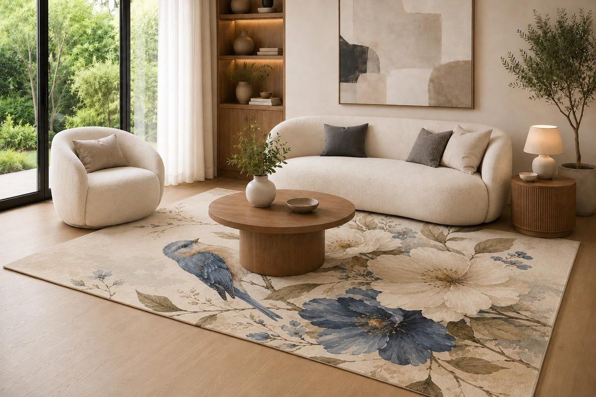 ICE ARMOR 6'7" x 9'10" Blue Gray, Cream and Taupe Songbird Garden Area Rug for Living Room, Soft Low Pile Carpet with Non-Slip Backing for Bedroom, Dining Room and Home Office