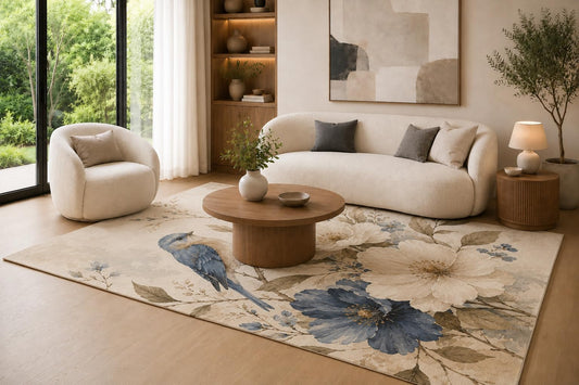 ICE ARMOR 6'7" x 9'10" Blue Gray, Cream and Taupe Songbird Garden Area Rug for Living Room, Soft Low Pile Carpet with Non-Slip Backing for Bedroom, Dining Room and Home Office