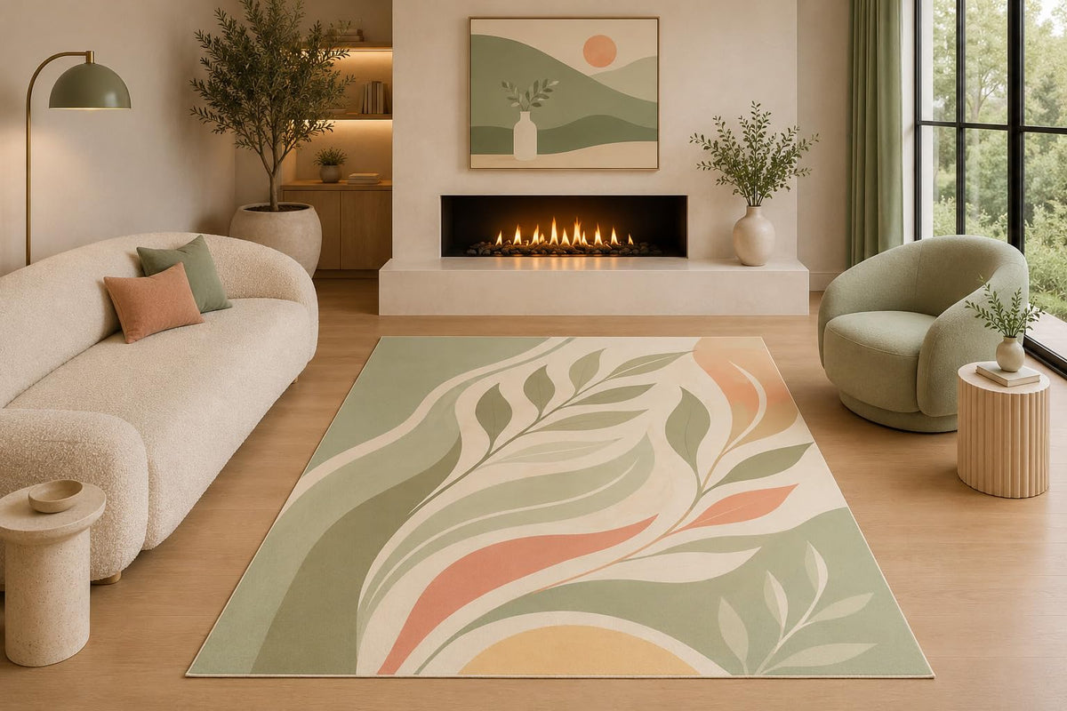 ICE ARMOR 5' x 7' Boho Botanical Area Rug Abstract Leaf Nature Modern Scandinavian Living Room Bedroom Dining Room Decor Non-Slip Silicone Backing Low Pile