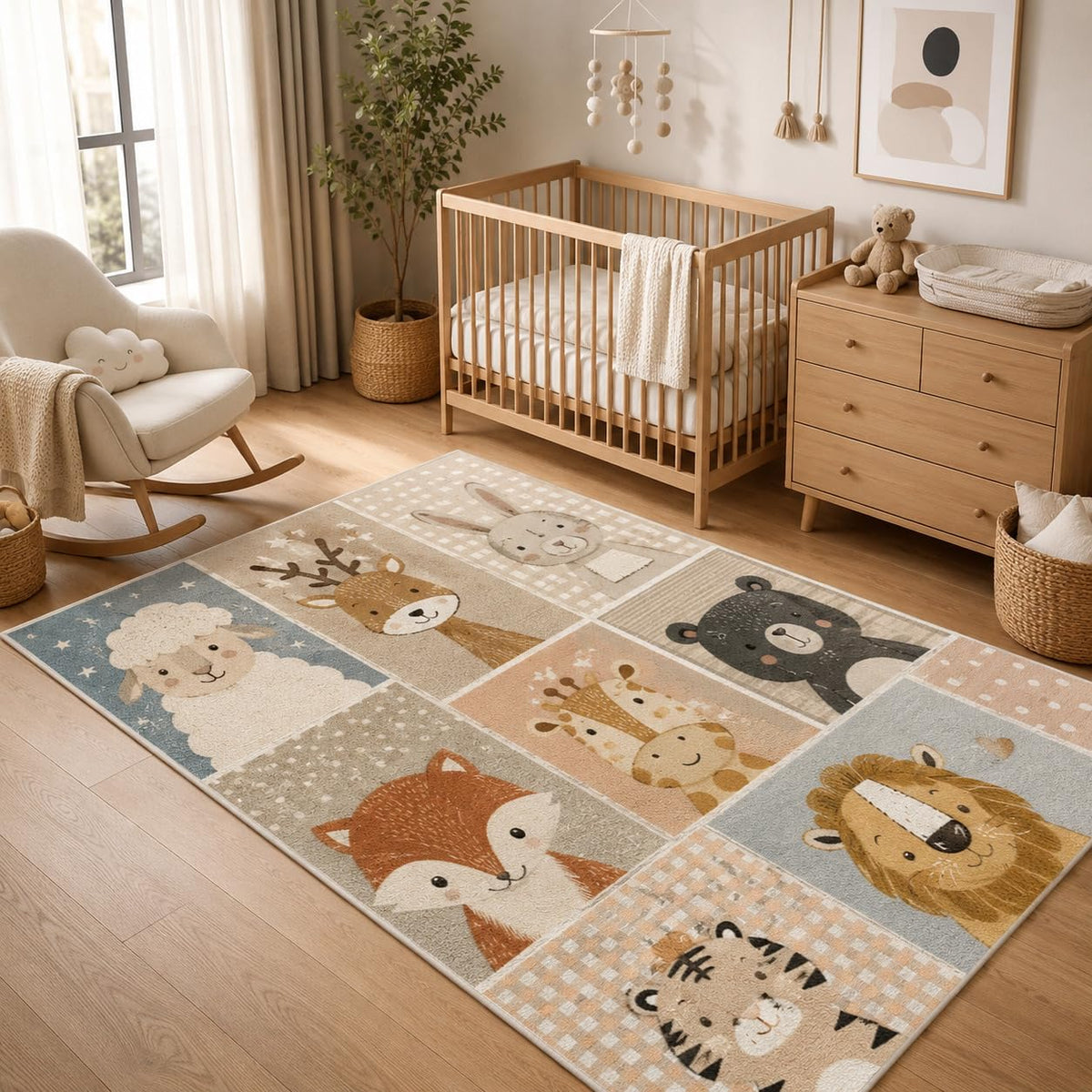 ICE ARMOR 5' x 7' Patchwork Woodland Animals Area Rug, Soft Low Pile Indoor Rug with Non-Slip Silicone Backing, Nursery Carpet for Kids Room, Playroom, Bedroom, Kids and Pets, Beige Blue