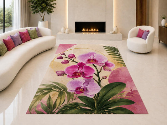ICE ARMOR "Ultra Lightweight Large 6'7" x 9'10" Orchid Garden Area Rug for Living Room, Bedroom and Home Office, Soft Low Pile Carpet with Non-Slip Silicone Backing, Pink and Green