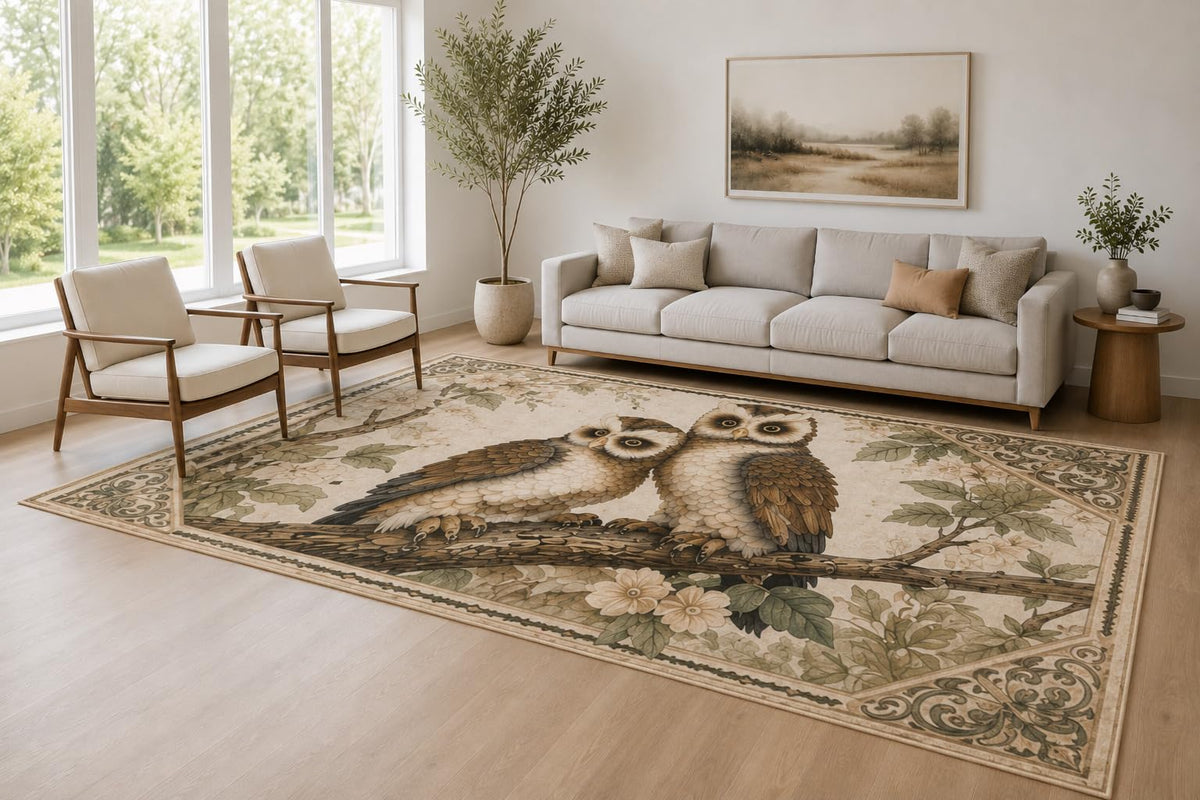 ICE ARMOR Large 6'7" x 9'10" Sage Green and Beige Floral Owls Area Rug for Living Room, Soft Low Pile Carpet with Non-Slip Silicone Backing, Decor for Bedroom and Home Office
