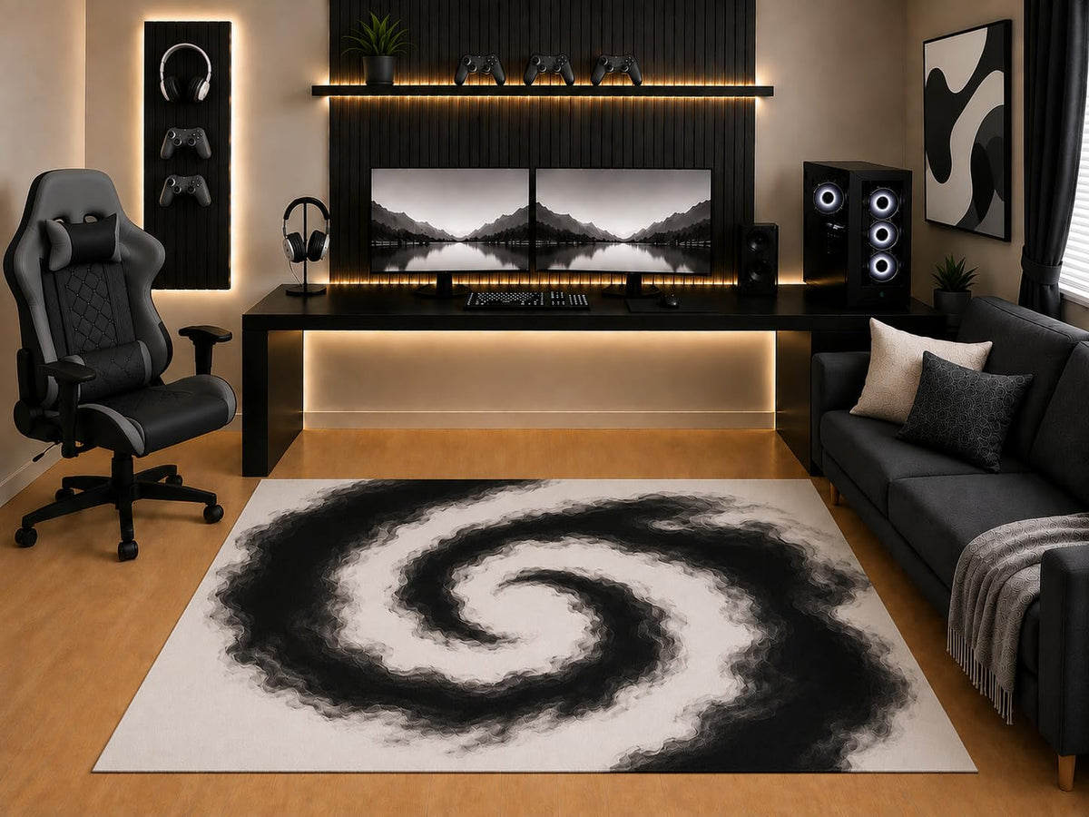 ICE ARMOR "Ultra Light Weight 5' x 7' Black White Spiral Area Rug Modern Abstract Swirl Art Design for Bedroom Gaming Room Living Room Non-Slip Silicone Backing Low Pile
