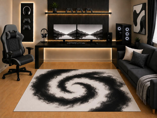 ICE ARMOR "Ultra Light Weight 5' x 7' Black White Spiral Area Rug Modern Abstract Swirl Art Design for Bedroom Gaming Room Living Room Non-Slip Silicone Backing Low Pile