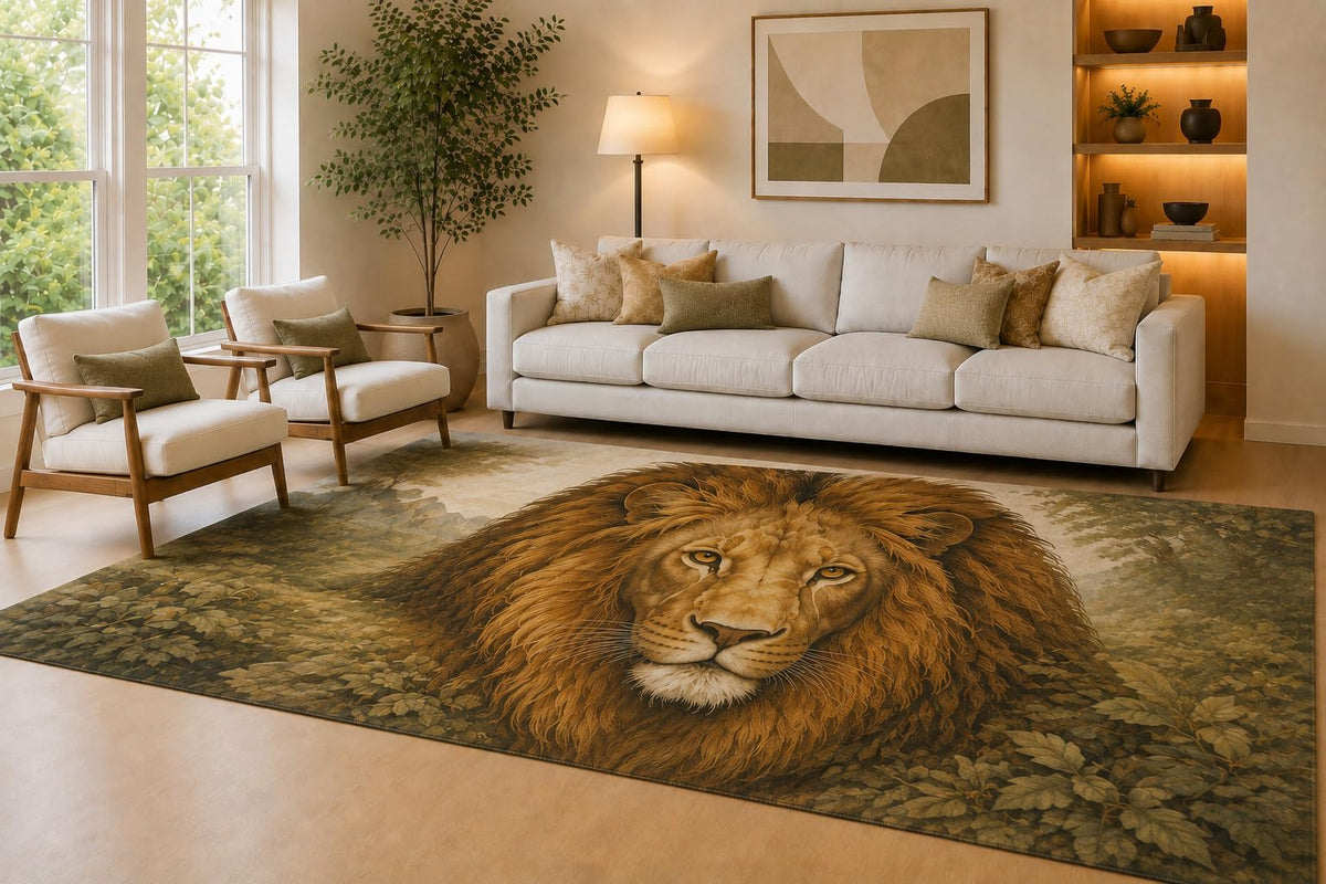 ICE ARMOR Large 6'7" x 9'10" Brown & Green Lion Majesty Area Rug for Living Room, Soft Low Pile Carpet with Non-Slip Silicone Backing, Decor for Bedroom & Home Office