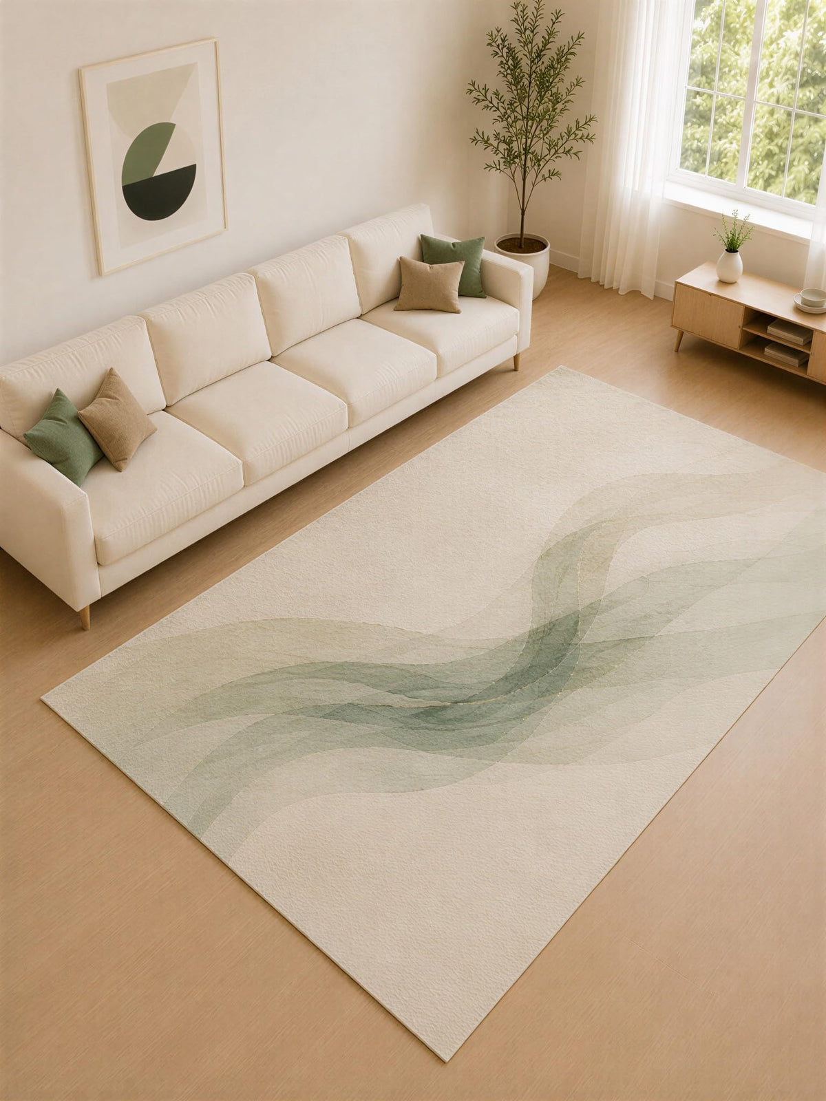ICE ARMOR Large 6'7" x 9'10" Green and Cream Flowing Ribbons Area Rug for Living Room, Soft Low Pile Carpet with Non-Slip Silicone Backing, Decor for Bedroom and Home Office