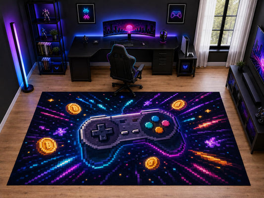 ICE ARMOR "Ultra Light Weight Large 6'7" x 9'10" Retro Game Controller Area Rug for Kids Room Playroom, Soft Low Pile Indoor Rug and Non-Slip Silicone Backing, Black