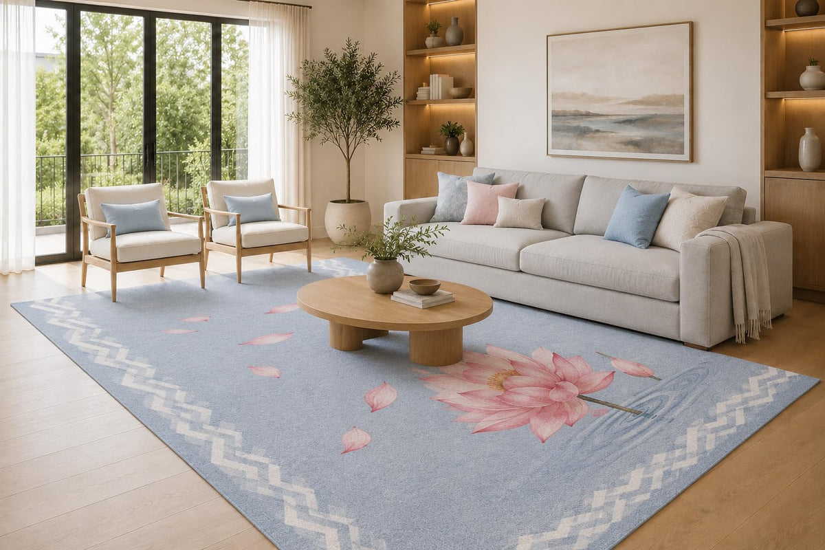 ICE ARMOR Large 6'7" x 9'10" Light Blue and Pink Floating Lotus Petals Area Rug for Living Room, Soft Low Pile Carpet with Non-Slip Silicone Backing, Decor for Bedroom and Home Office