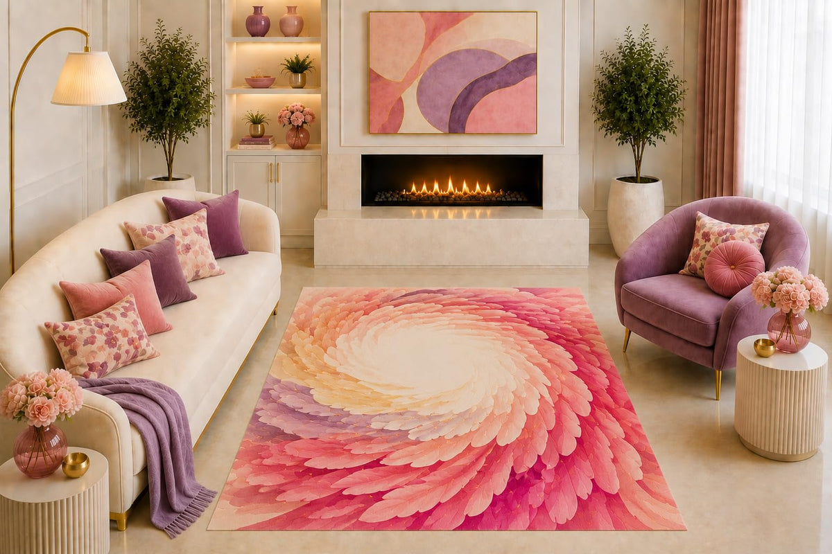 ICE ARMOR "Ultra Light Weight 5' x 7' Pink Feather Swirl Area Rug Abstract Spiral Petal Art Peach Lavender for Living Room Bedroom Girls Room Nursery Non-Slip Silicone Backing Low Pile
