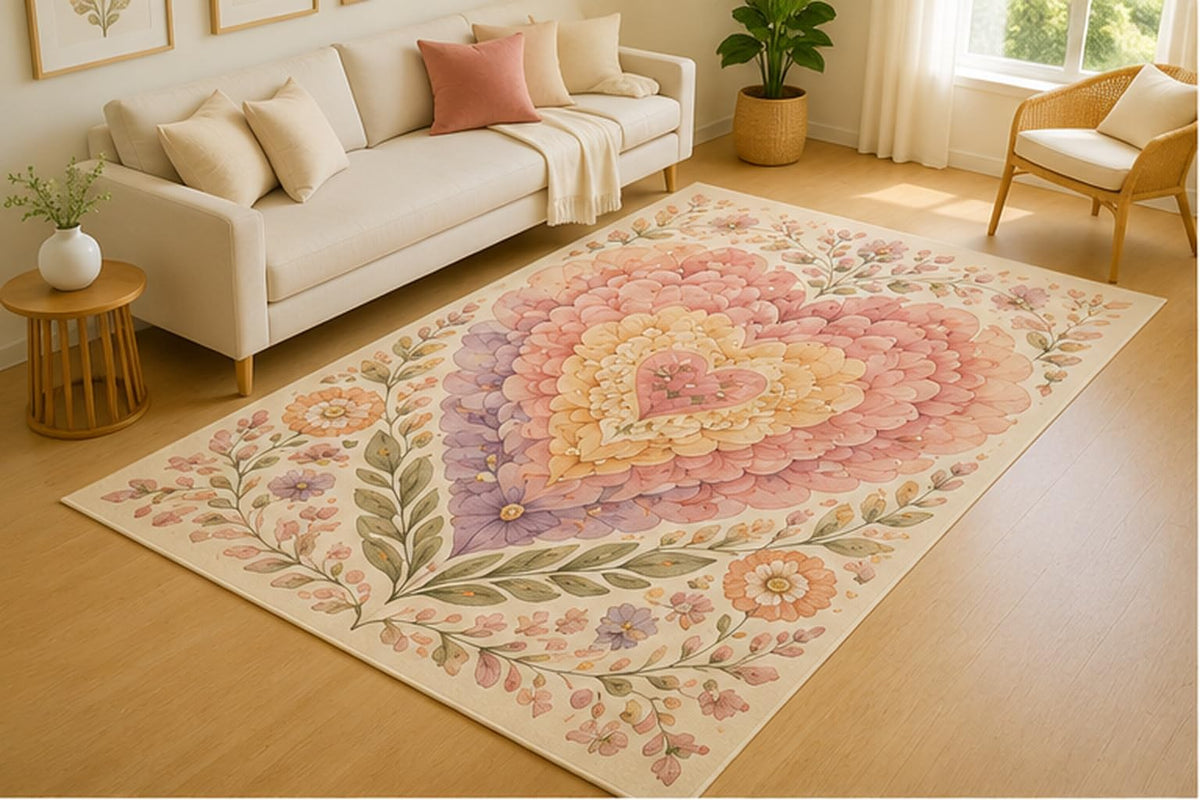 ICE ARMOR 5' x 7' Layered Floral Heart Bloom Area Rug for Living Room, Soft Low Pile Indoor Rug with Non-Slip Silicone Backing, Decorative Carpet for Bedroom, Office, Family Room, Cream Pastel