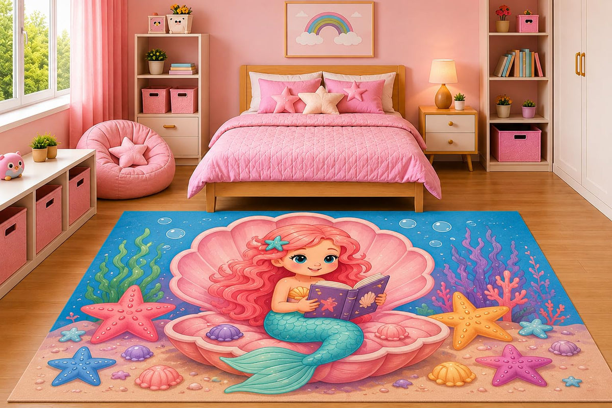ICE ARMOR 5' x 7' Mermaid Reading Book in Seashell Area Rug for Girls Bedroom Nursery Reading Corner Scandinavian Minimalist Ocean Fantasy Decor Non-Slip Silicone Backing Low Pile