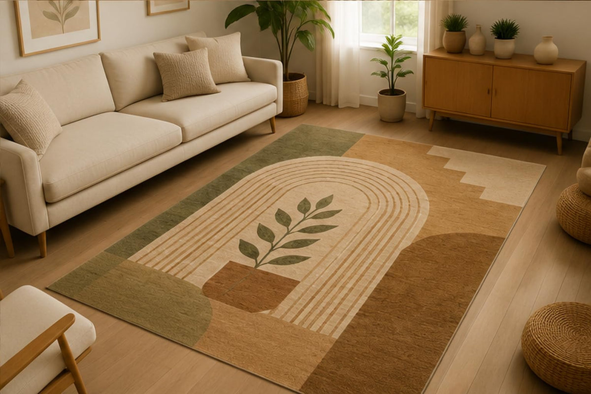 ICE ARMOR 5' x 7' Modern Abstract Arch Area Rug Soft Low Pile Indoor Rug with Non Slip Silicone Backing Contemporary Geometric Decor Carpet for Living Room Bedroom Dining Room Office Family Room Beige