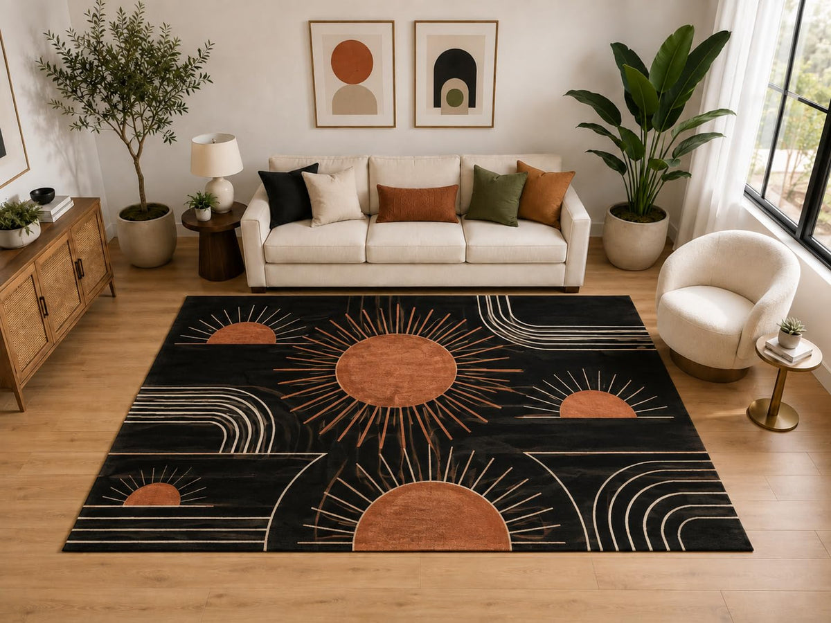 ICE ARMOR Large 6'7" x 9'10" Boho Sunburst Arch Area Rug for for Bedroom, Living Room, Soft Low Pile Indoor Rug with Non-Slip Silicone Backing, Black Rust Beige