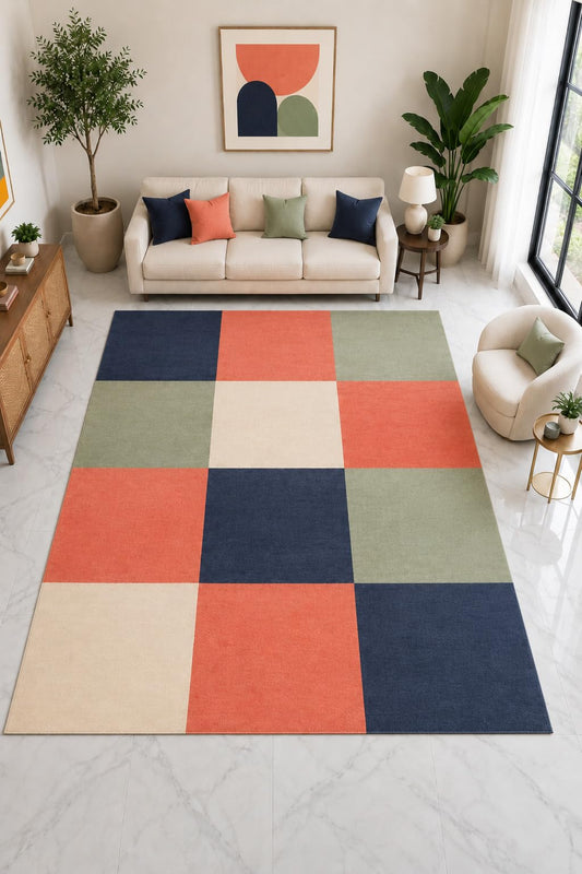 ICE ARMOR "Ultra Light Weight Large 6'7" x 9'10" Color Block Check Rug, Soft Low Pile Indoor Rug, Non-Slip Silicone Backing for Living Room Coral