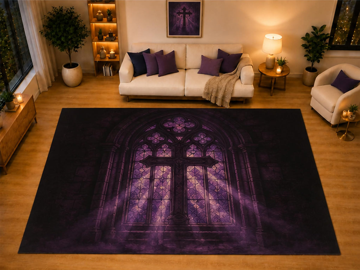 ICE ARMOR "Ultra Light Weight Large 6'7" x 9'10" Purple Gothic Cross Window Area Rug for Living Room Bedroom, Soft Low Pile Non-Slip Backing, Stained Glass Church Dark Academia Decor