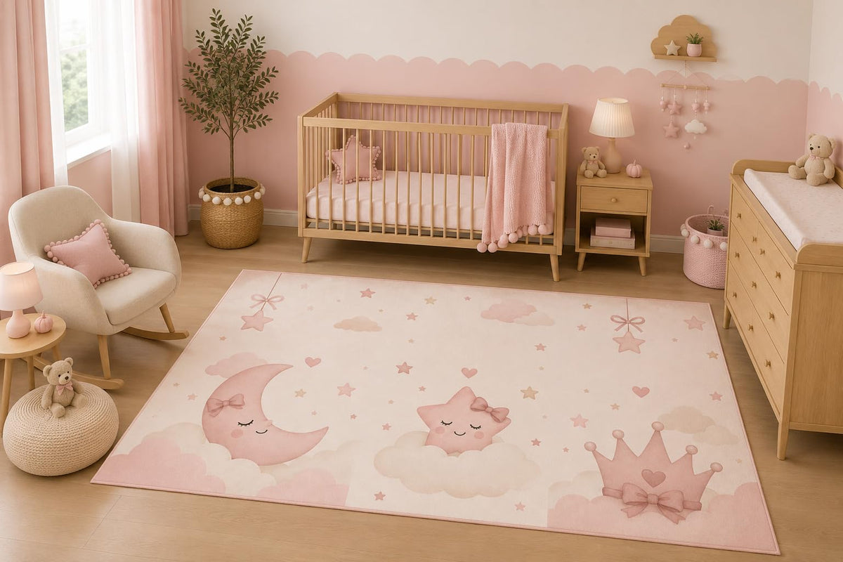 ICE ARMOR 5' x 7' Pink Moon Star Crown Nursery Area Rug, Princess Celestial Baby Girl Bedroom Playroom Decor, Non-Slip Silicone Backing Low Pile Carpet