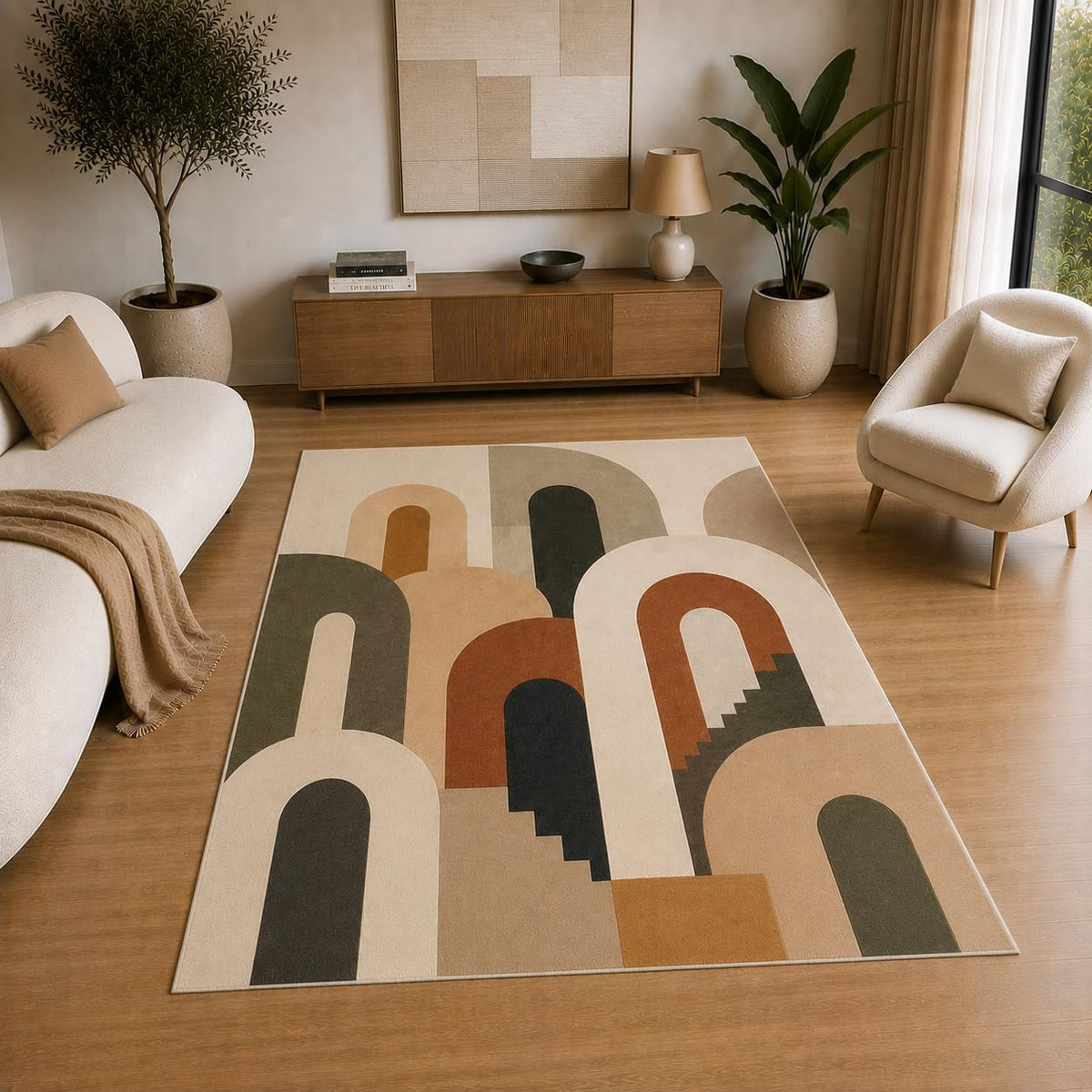 ICE ARMOR 5' x 7' Modern Abstract Archway Area Rug for Living Room, Soft Low Pile Indoor Rug with Non-Slip Silicone Backing, Decorative Carpet for Bedroom, Office, Family Room, Beige