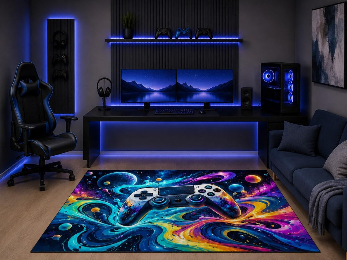 ICE ARMOR 5' x 7' Gaming Controller Area Rug Galaxy Space Neon Gamer Room Decor Video Game Bedroom Playroom Office Carpet Non-Slip Silicone Backing Low Pile
