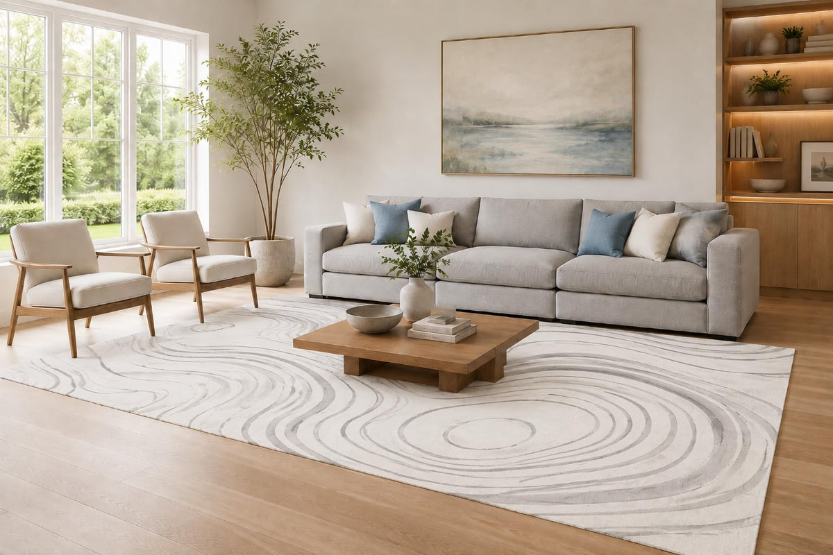 ICE ARMOR Large 6'7" x 9'10" Ivory and Gray Geometric Ripple Lines Area Rug for Living Room, Soft Low Pile Carpet with Non-Slip Silicone Backing, Decor for Bedroom and Home Office
